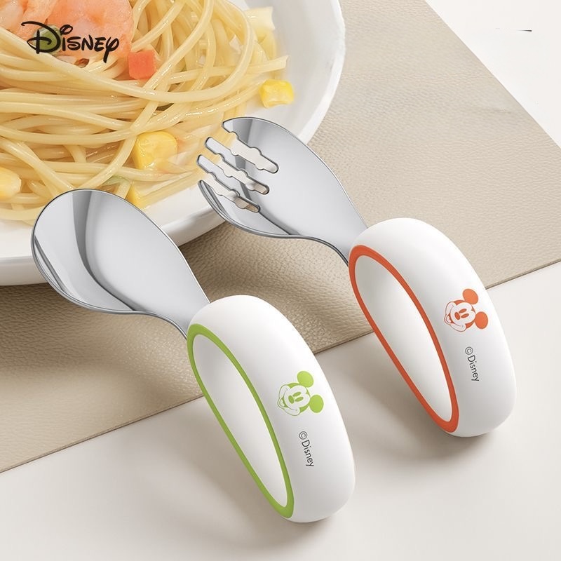 Disney Stainless Steel Children's Baby Feeding Fork and Spoon Set, Helping Babies Learn to Eat Independently